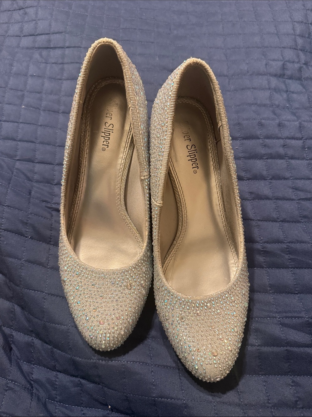 Glitter Pointed Toe Heels in Champagne by Ever Slipper